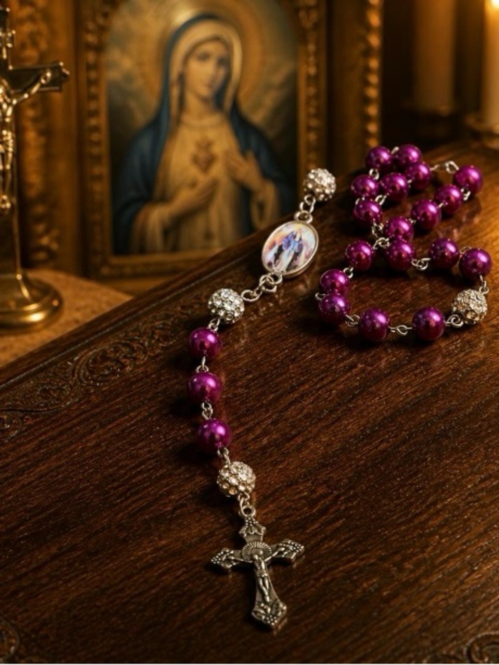 Purple Pearl Rosary Necklace with Religious Cross